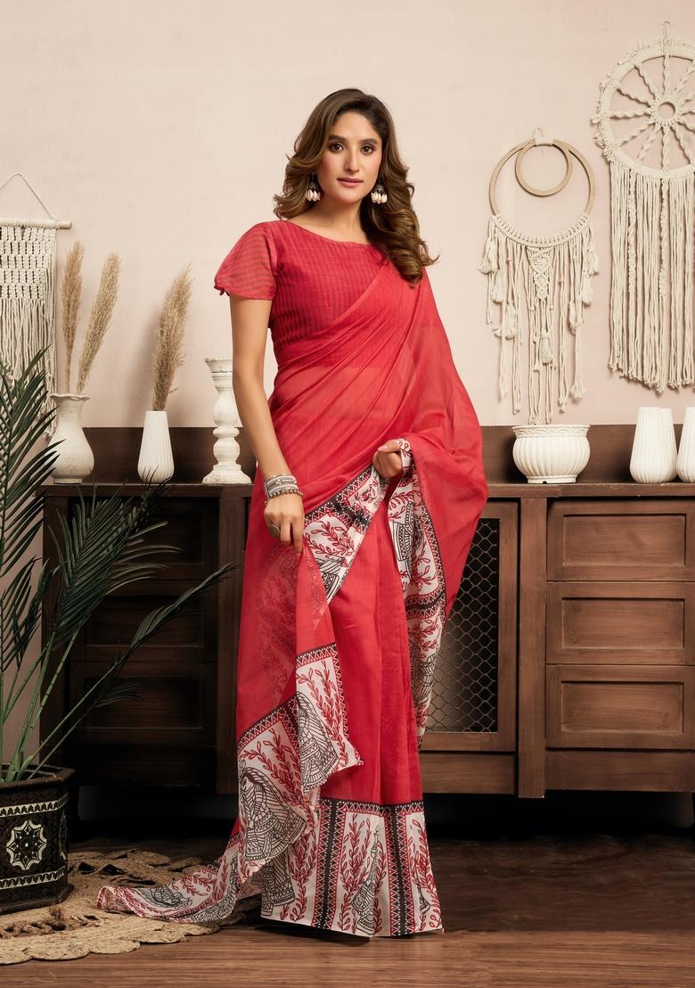 Red Printed Linen Saree Set - Indya