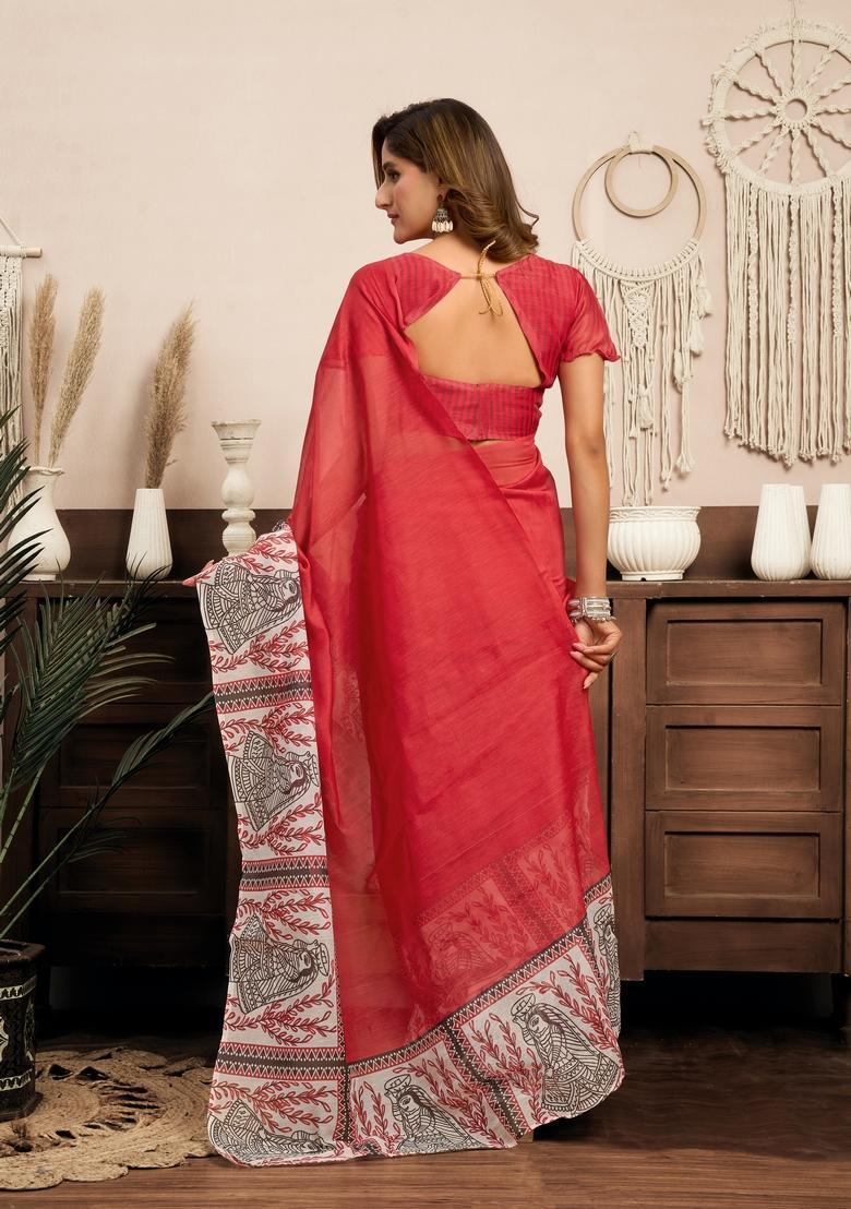 Red Printed Linen Saree Set - Indya