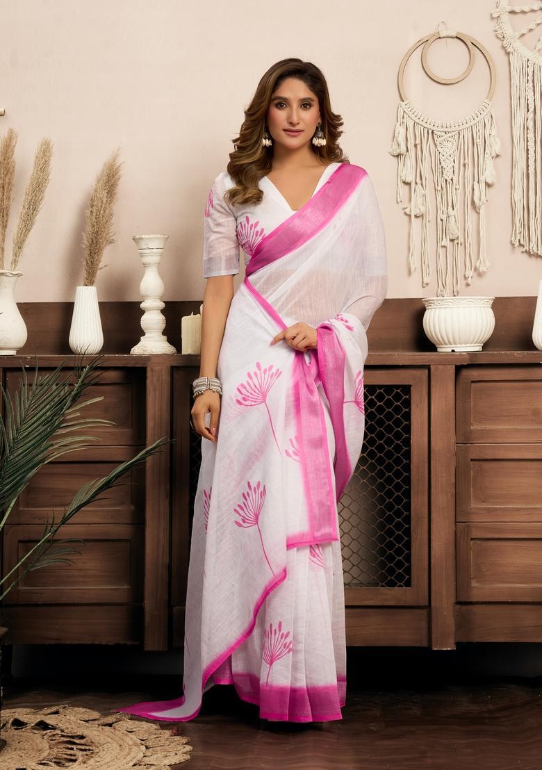 White Printed Linen Saree Set - Indya
