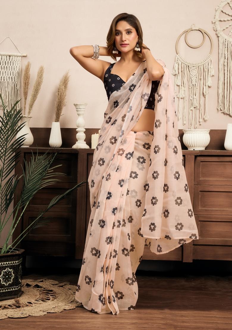 Beige Printed Linen Saree Set - Indya