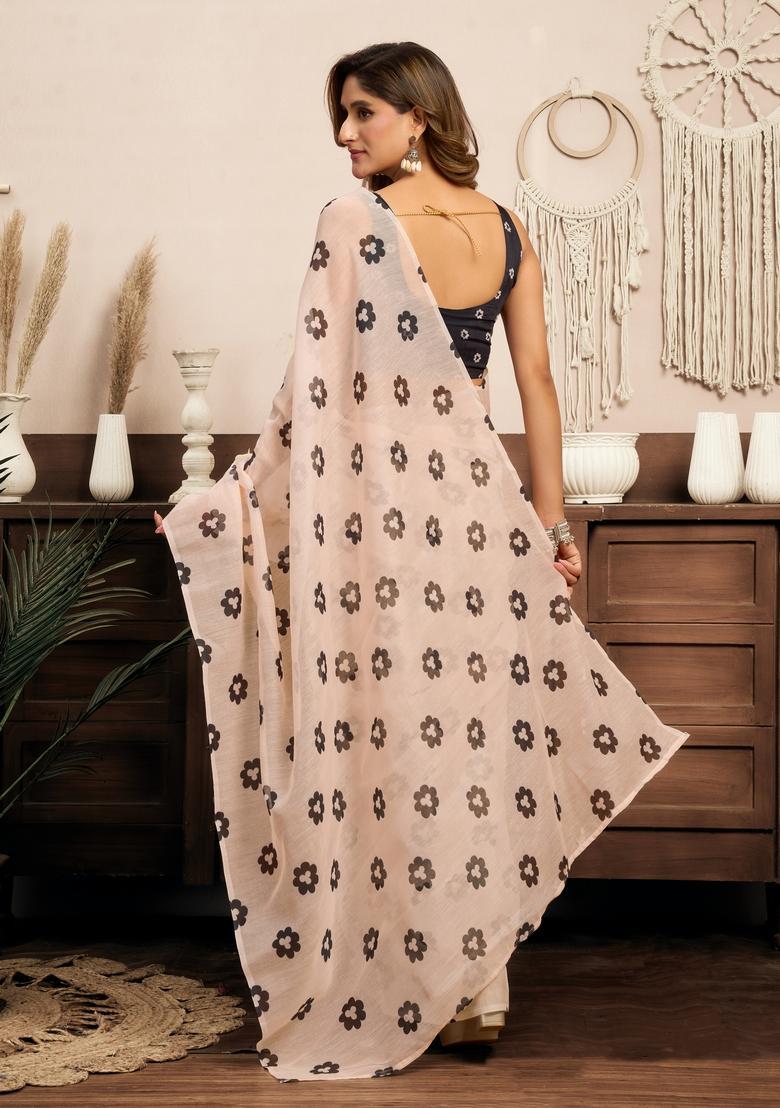 Beige Printed Linen Saree Set - Indya