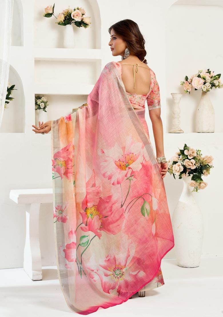 Peach Printed Linen Saree Set - Indya