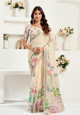 Beige Printed Linen Saree Set