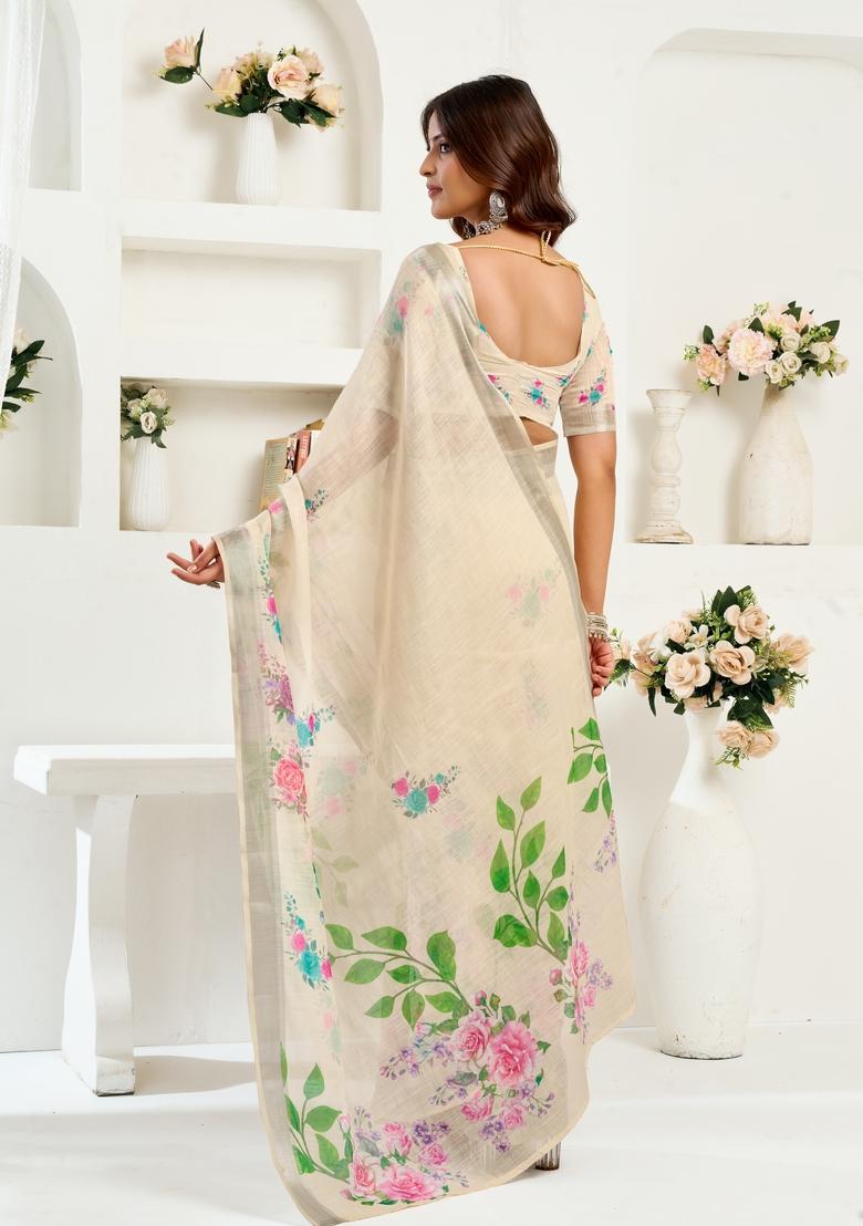Beige Printed Linen Saree Set - Indya
