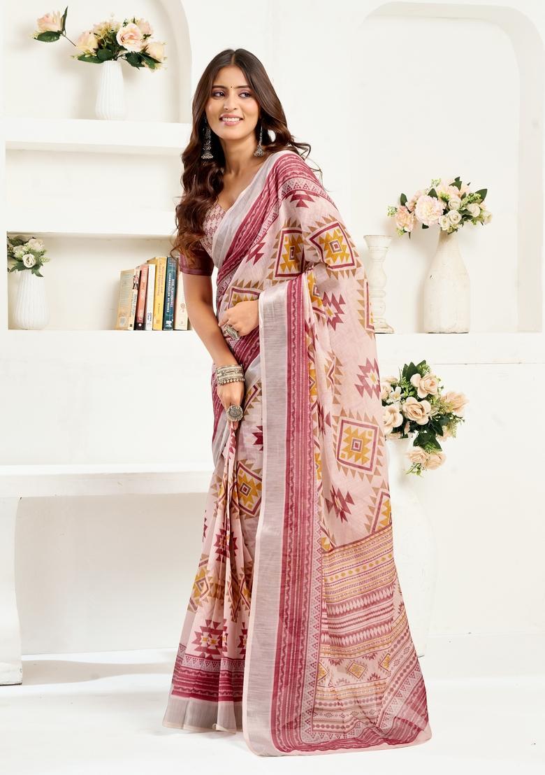 Maroon Printed Linen Saree Set - Indya