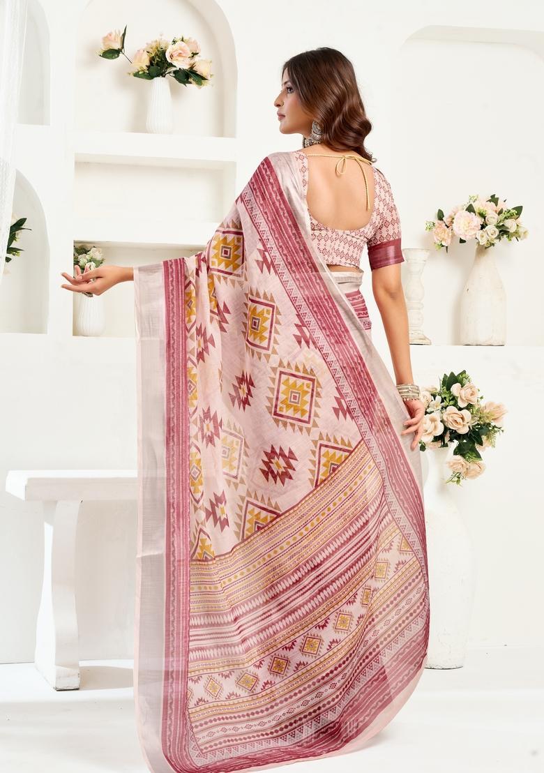 Maroon Printed Linen Saree Set - Indya