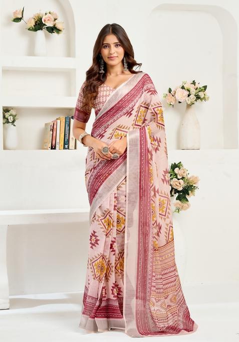 Maroon Printed Linen Saree Set