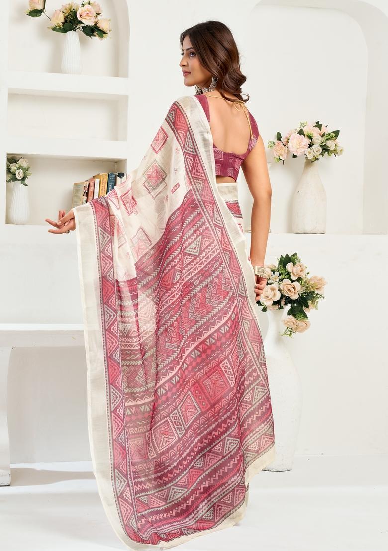 White Printed Linen Saree Set - Indya