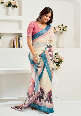 Off White Printed Linen Saree Set