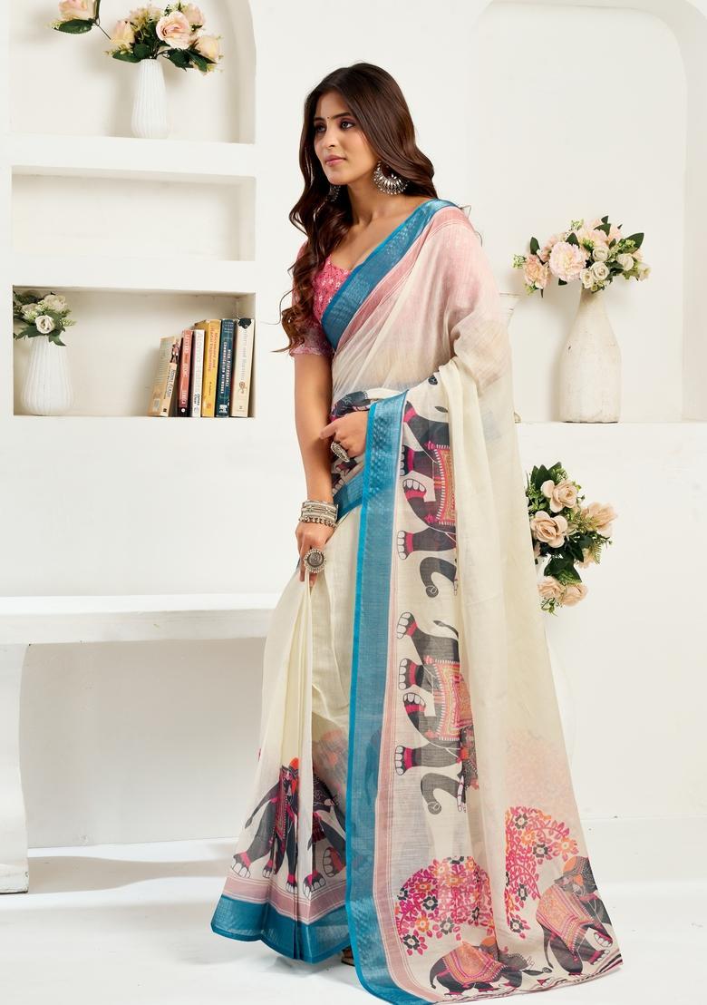 Off White Printed Linen Saree Set - Indya