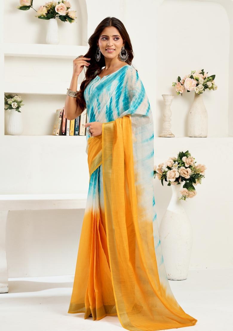 Yellow Printed Linen Saree Set - Indya