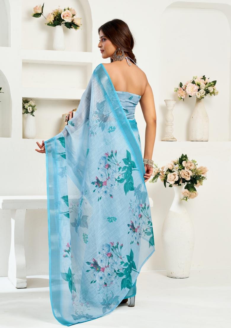 Sky Blue Printed Linen Saree Set - Indya