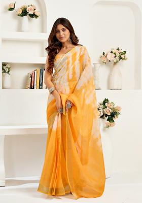 Yellow Printed Linen Saree Set