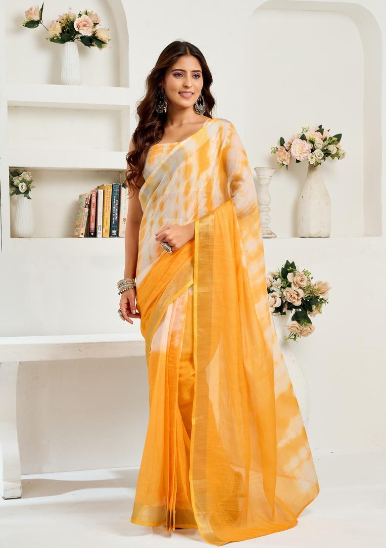 Yellow Printed Linen Saree Set - Indya