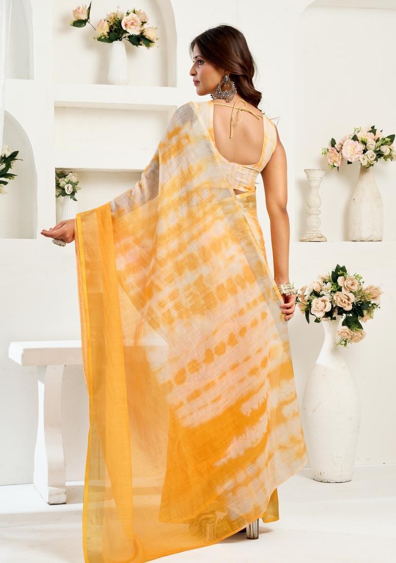 Yellow Printed Linen Saree Set - Indya