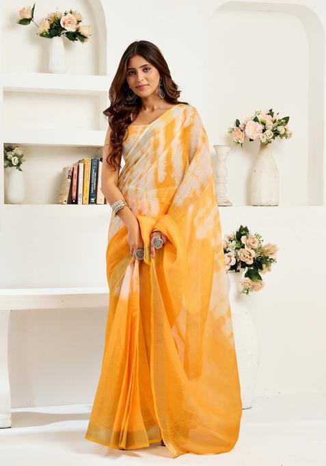 Yellow Printed Linen Saree Set
