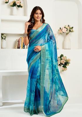 Navy Blue Printed Linen Saree Set