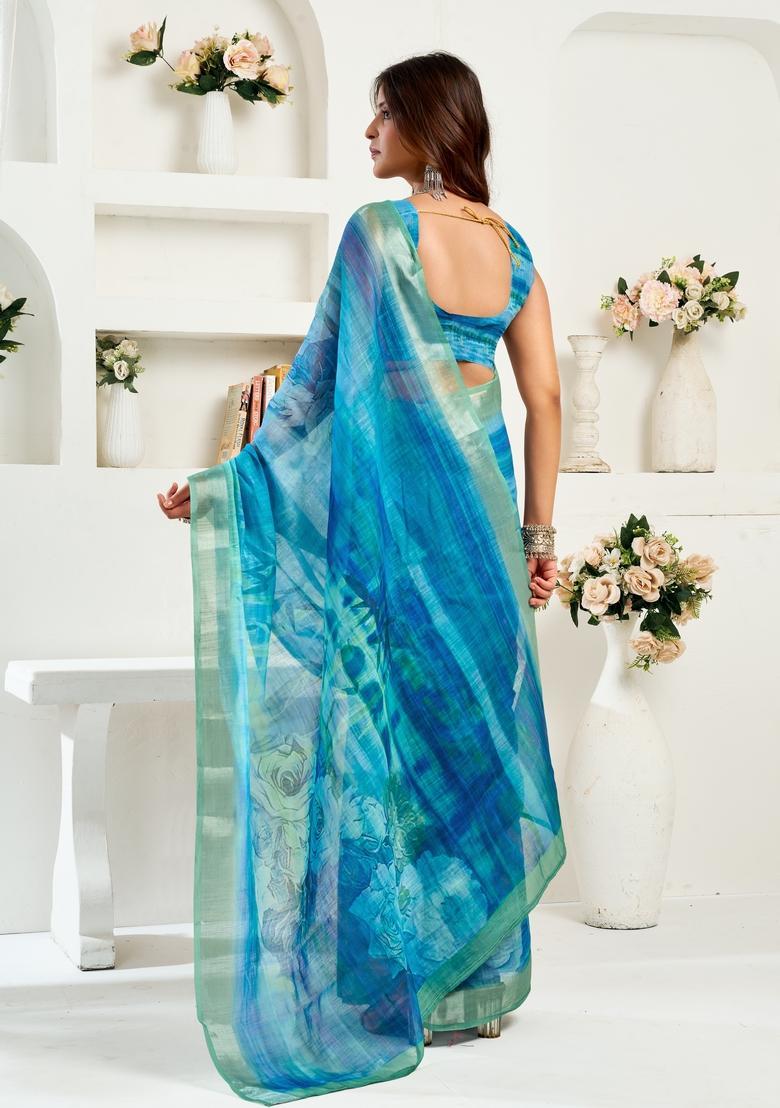 Navy Blue Printed Linen Saree Set - Indya