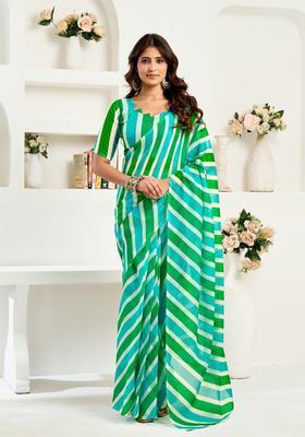 Green Printed Linen Saree Set