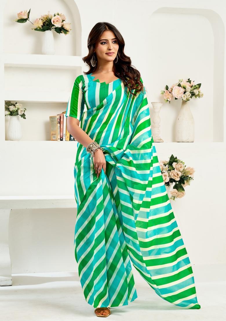 Green Printed Linen Saree Set - Indya