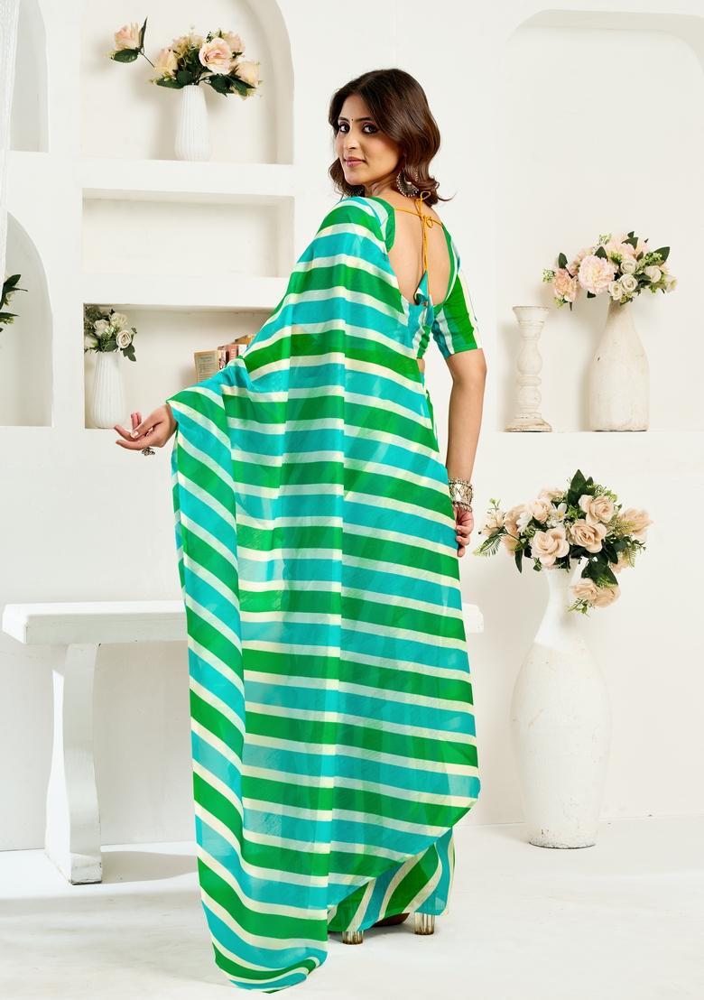 Green Printed Linen Saree Set - Indya