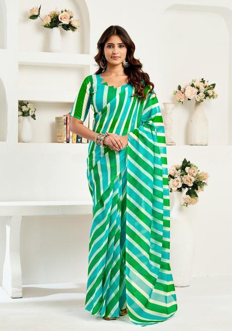 Green Printed Linen Saree Set
