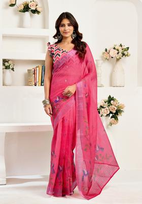 Pink Printed Linen Saree Set