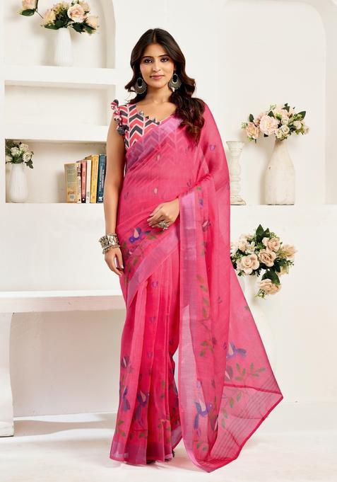 Pink Printed Linen Saree Set