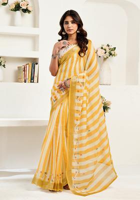 Yellow Printed Linen Saree Set