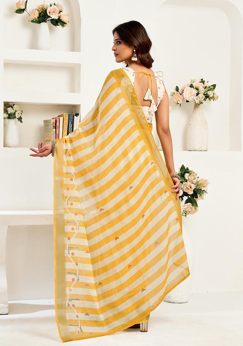 Yellow Printed Linen Saree Set - Indya