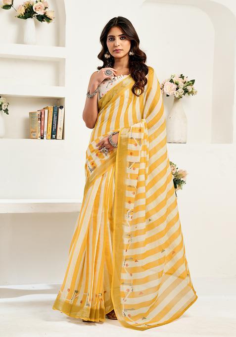 Yellow Printed Linen Saree Set
