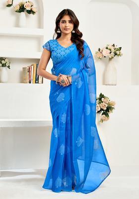 Blue Printed Linen Saree Set