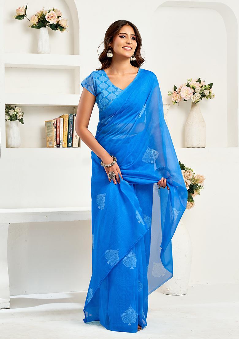 Blue Printed Linen Saree Set - Indya