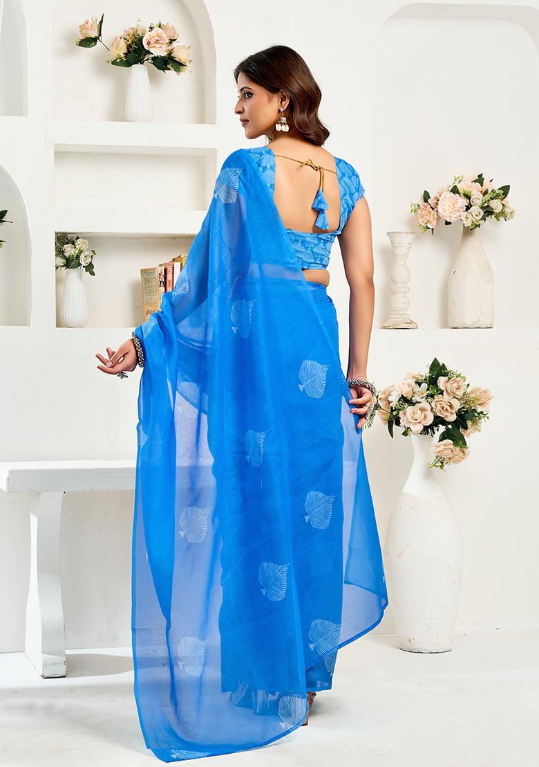 Blue Printed Linen Saree Set - Indya