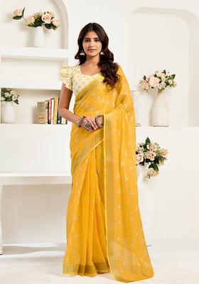Yellow Printed Linen Saree Set