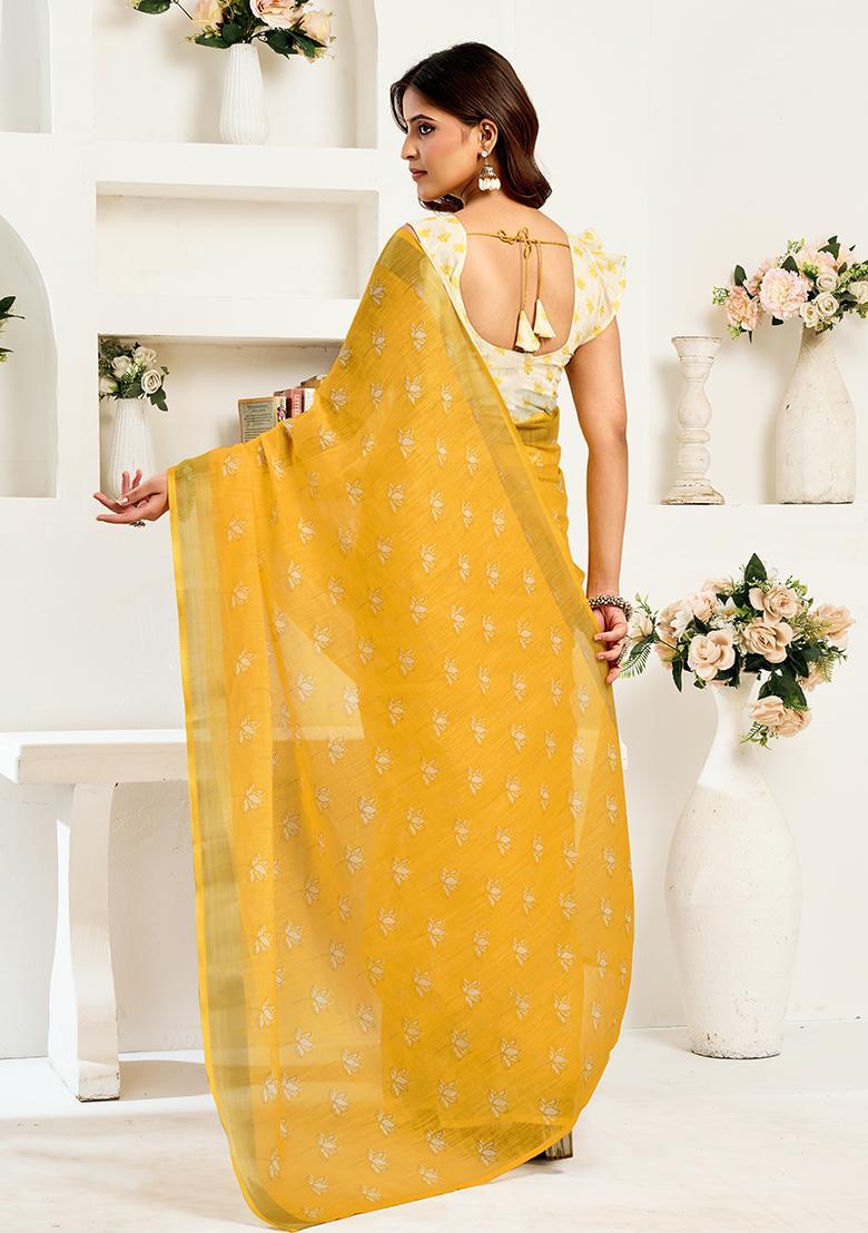 Yellow Printed Linen Saree Set - Indya