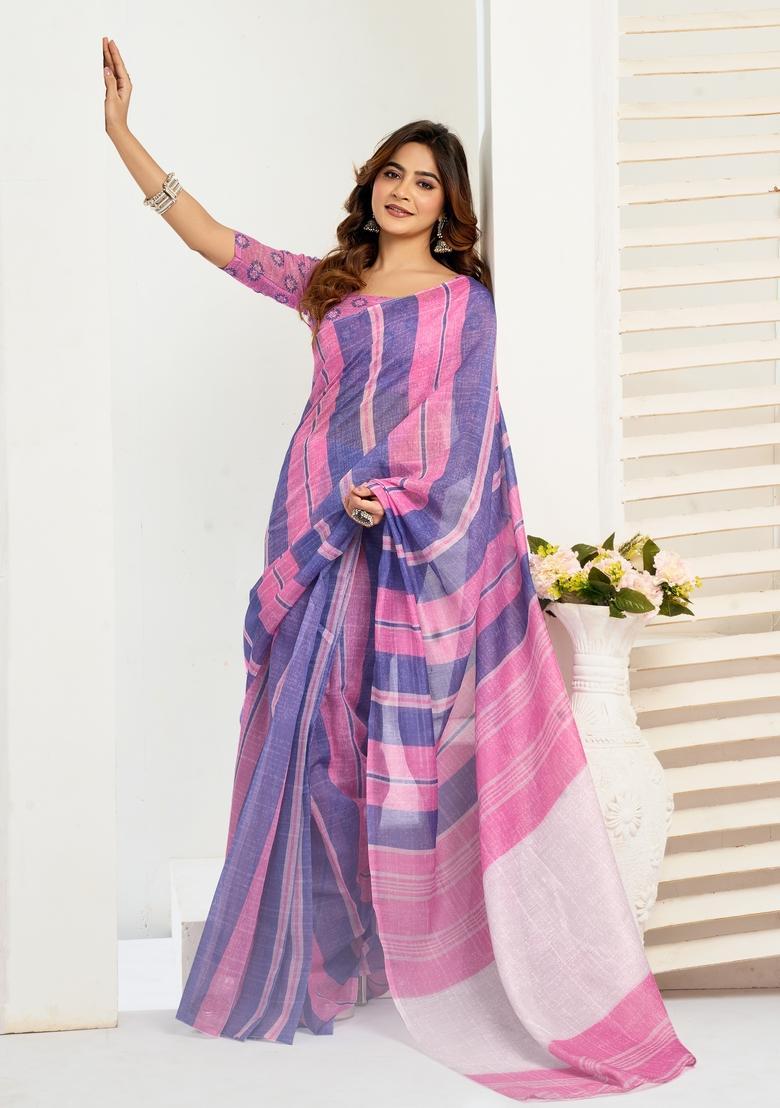 Multicolor Printed Linen Saree Set - Indya