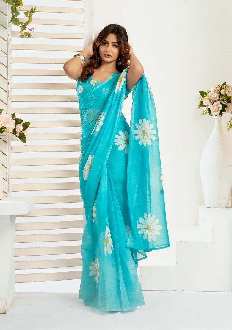 Sky Blue Printed Linen Saree Set - Indya