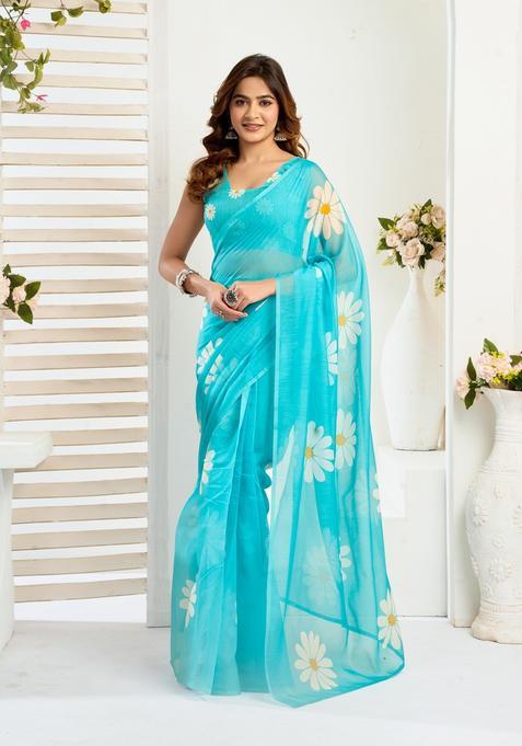 Sky Blue Printed Linen Saree Set