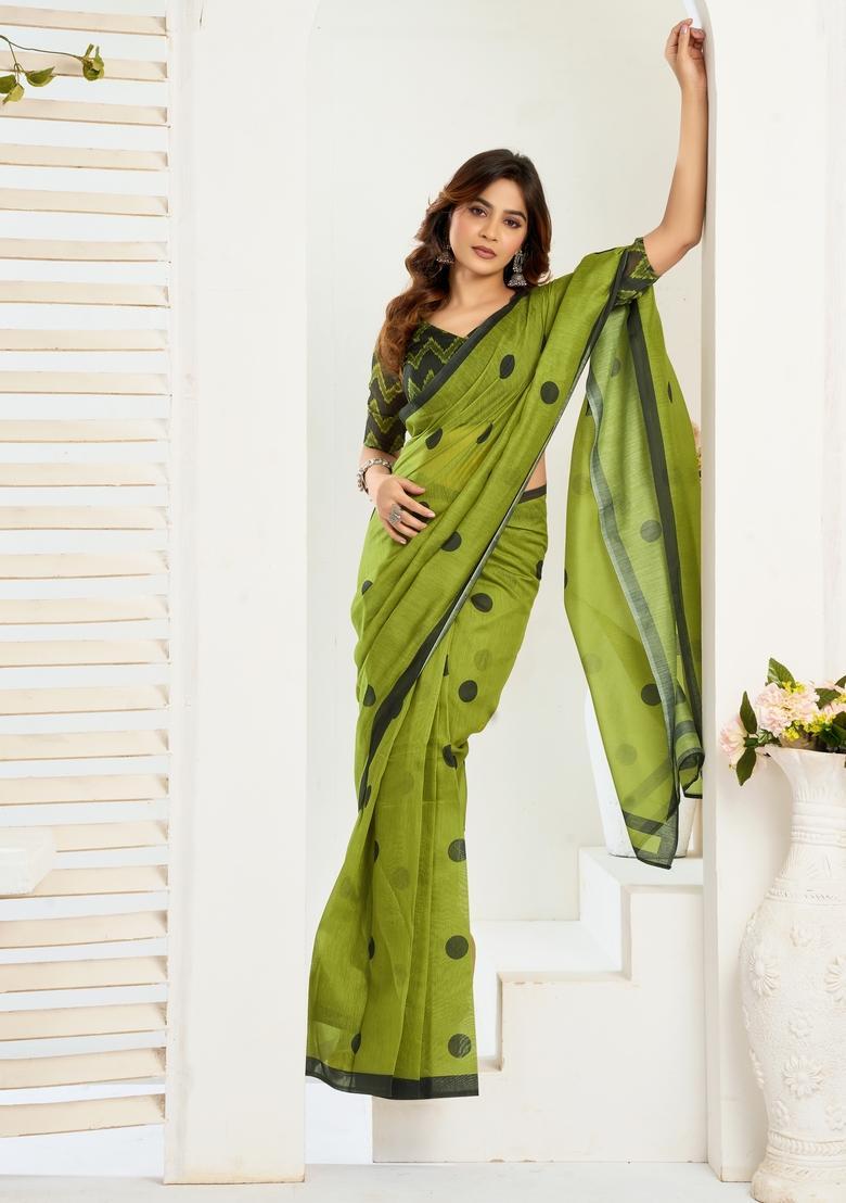 Mehendi Printed Linen Saree Set - Indya