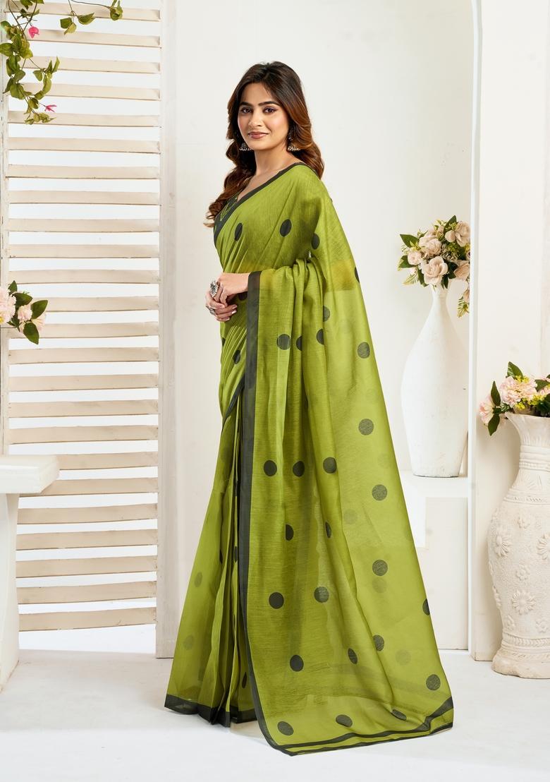 Mehendi Printed Linen Saree Set - Indya