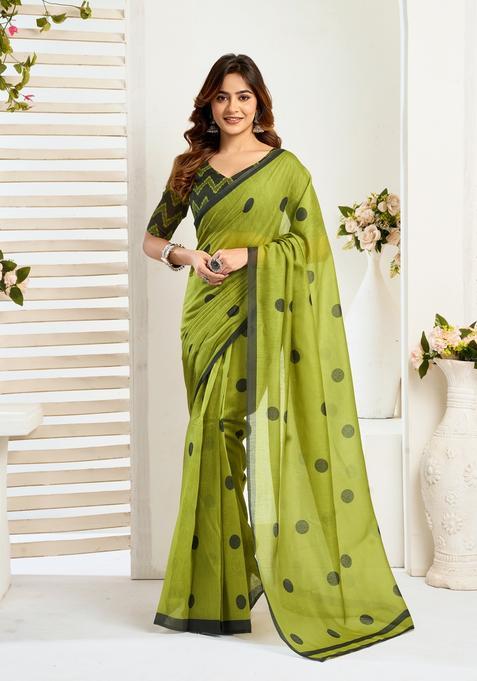 Mehendi Printed Linen Saree Set