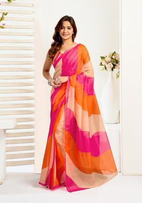 Multicolor Printed Linen Saree Set