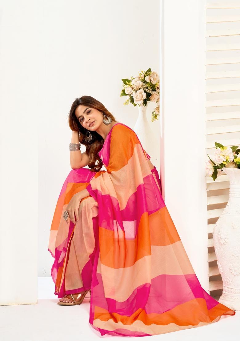 Multicolor Printed Linen Saree Set - Indya