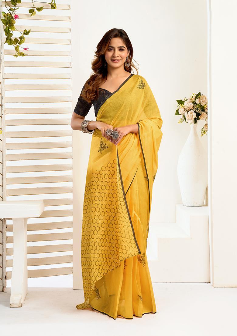 Yellow Printed Linen Saree Set - Indya