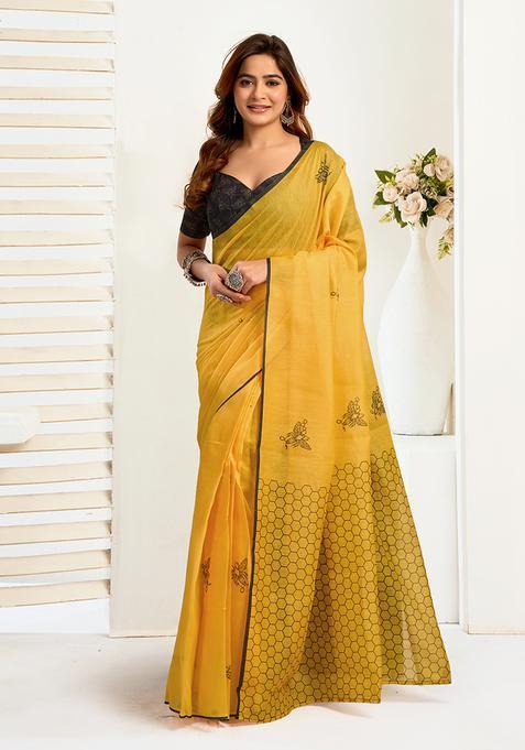 Yellow Printed Linen Saree Set