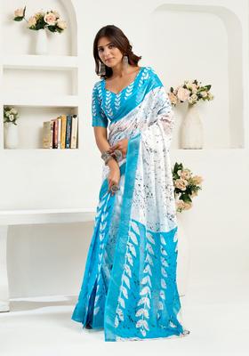 Sky Blue Printed Linen Saree Set