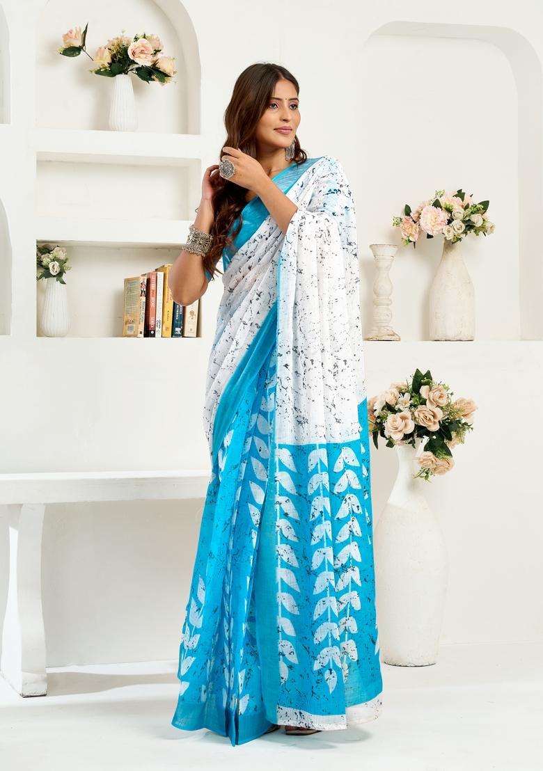 Sky Blue Printed Linen Saree Set - Indya