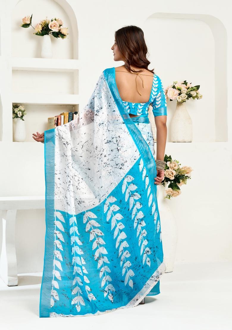 Sky Blue Printed Linen Saree Set - Indya