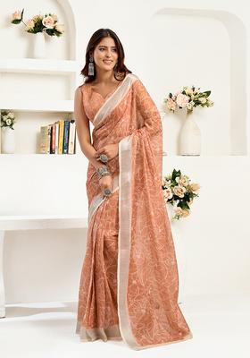 Peach Printed Linen Saree Set